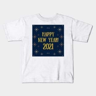 happy new year! 2021 holiday blue gold yellow stars pattern Kids T-Shirt